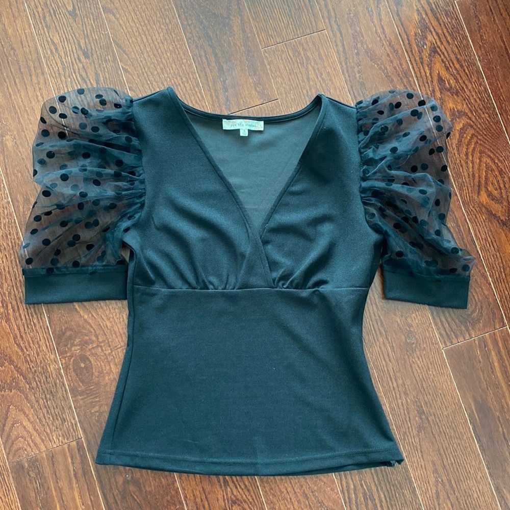 Black v neck blouse with mesh sleeves